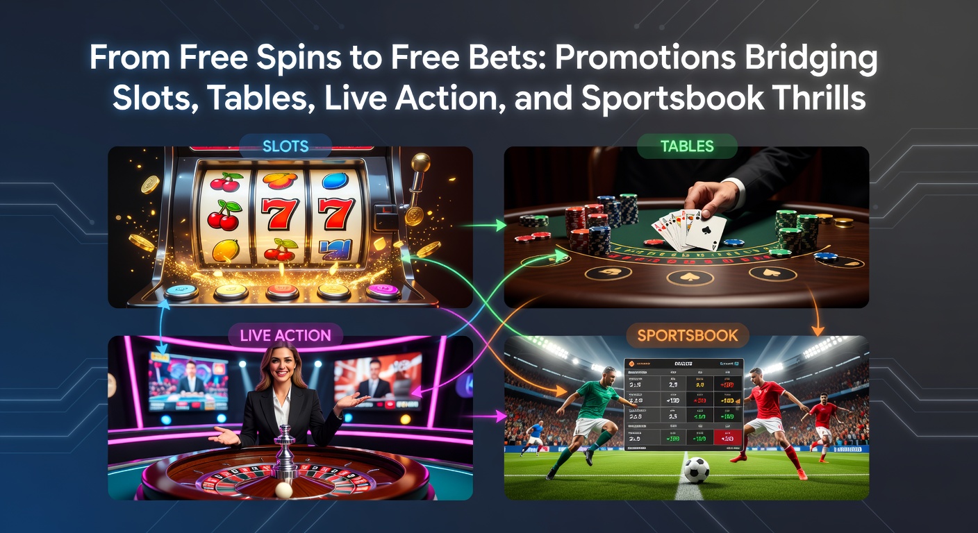Bunte Casino-Symbole mit Free-Spins-Icons, Tischspielen, Live-Dealern und Sportwetten-Elementen, die sich zu einer nahtlosen Promotions-Welt verbinden