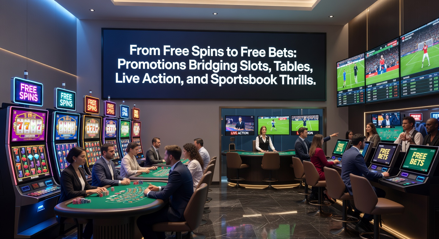Dynamische Grafik mit Free Bets auf Sportevents, verbunden mit Slot-Symbolen, Live-Tischen und Promotions-Pfeilen, die alle Bereiche verknüpfen