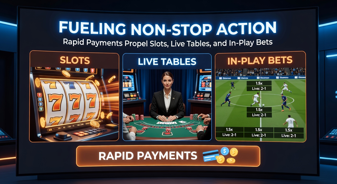 Live-Action-Moment mit Dealer, Slot-Walze und In-Play-Bet-Screen, unterstrichen von flinken Zahlungs-Icons