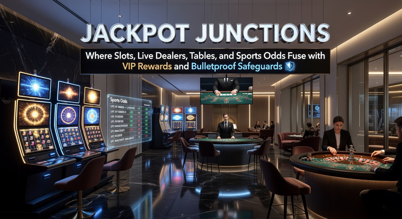 Leuchtende Slot-Maschinen und Live-Dealer-Tische fusionieren mit Sportwetten-Bildschirmen in einem modernen Casino-Ambiente, umgeben von VIP-Symbolen und Sicherheitsikonen