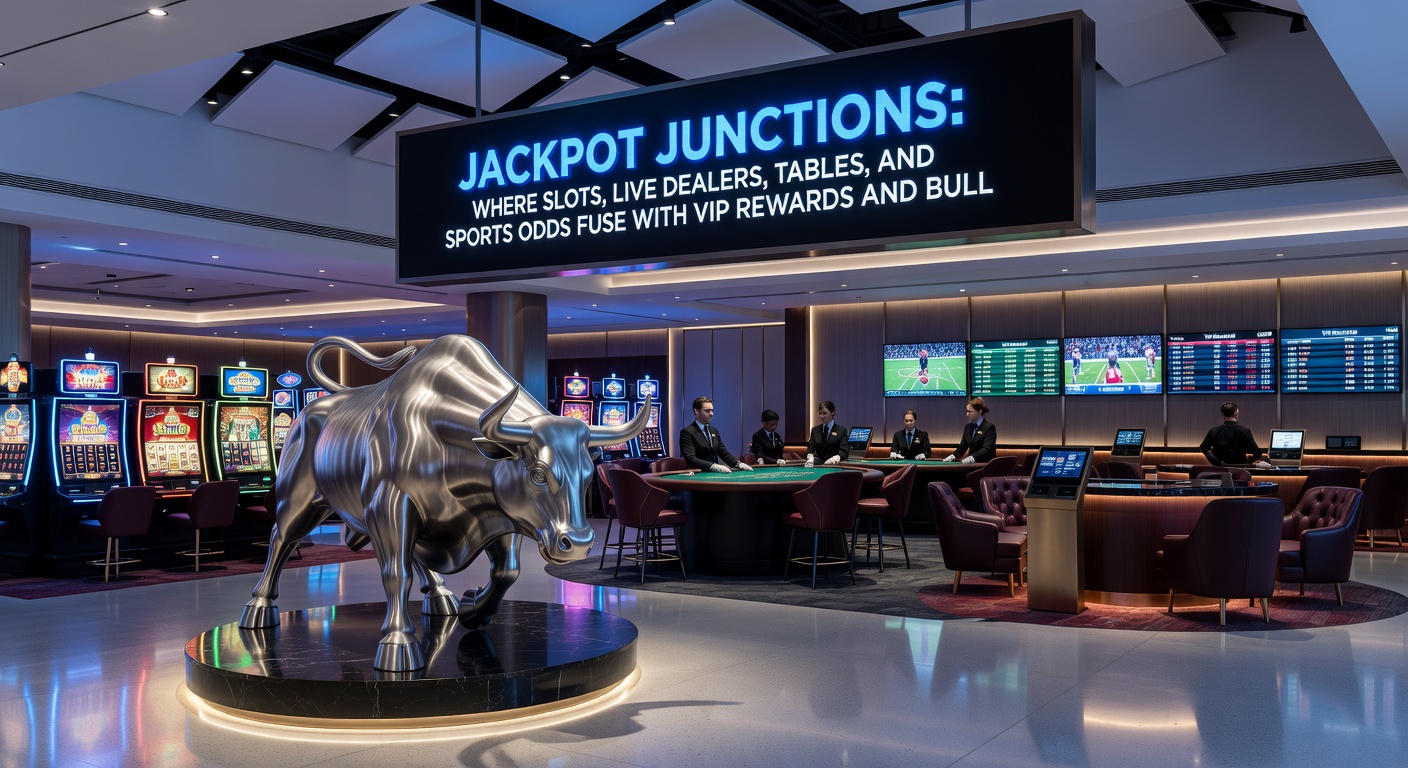 Ein professioneller Live Dealer verteilt Karten an einem Blackjack-Tisch, während Slot-Symbole und Sport-Odds im Hintergrund flimmern, ergänzt durch VIP-Lounges und Schloss-Symbole für Sicherheit