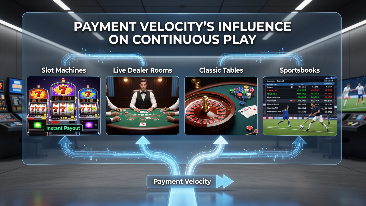Darstellung schneller Zahlungsströme zwischen Slot-Maschinen, Live-Dealer-Tischen und Sportwetten-Plattformen