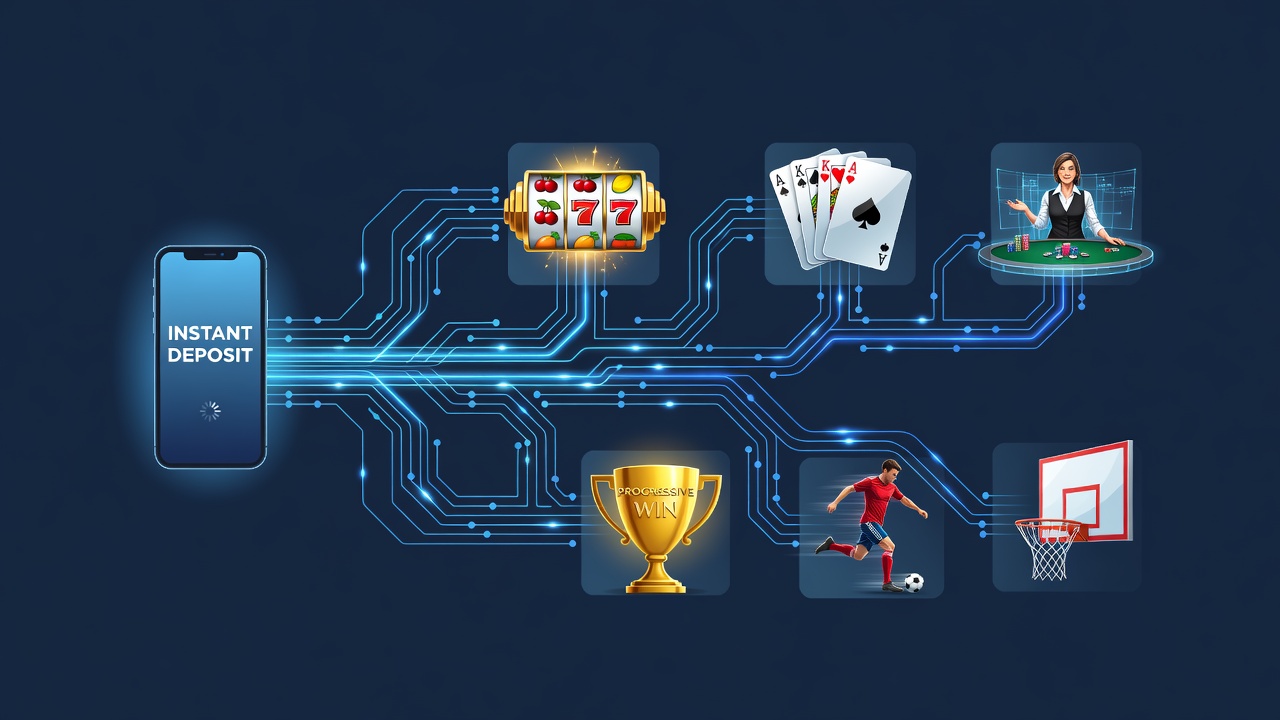 Darstellung vernetzter Belohnungssysteme in mobilen Apps mit Walzen, Karten, Live-Dealer und Sportwetten