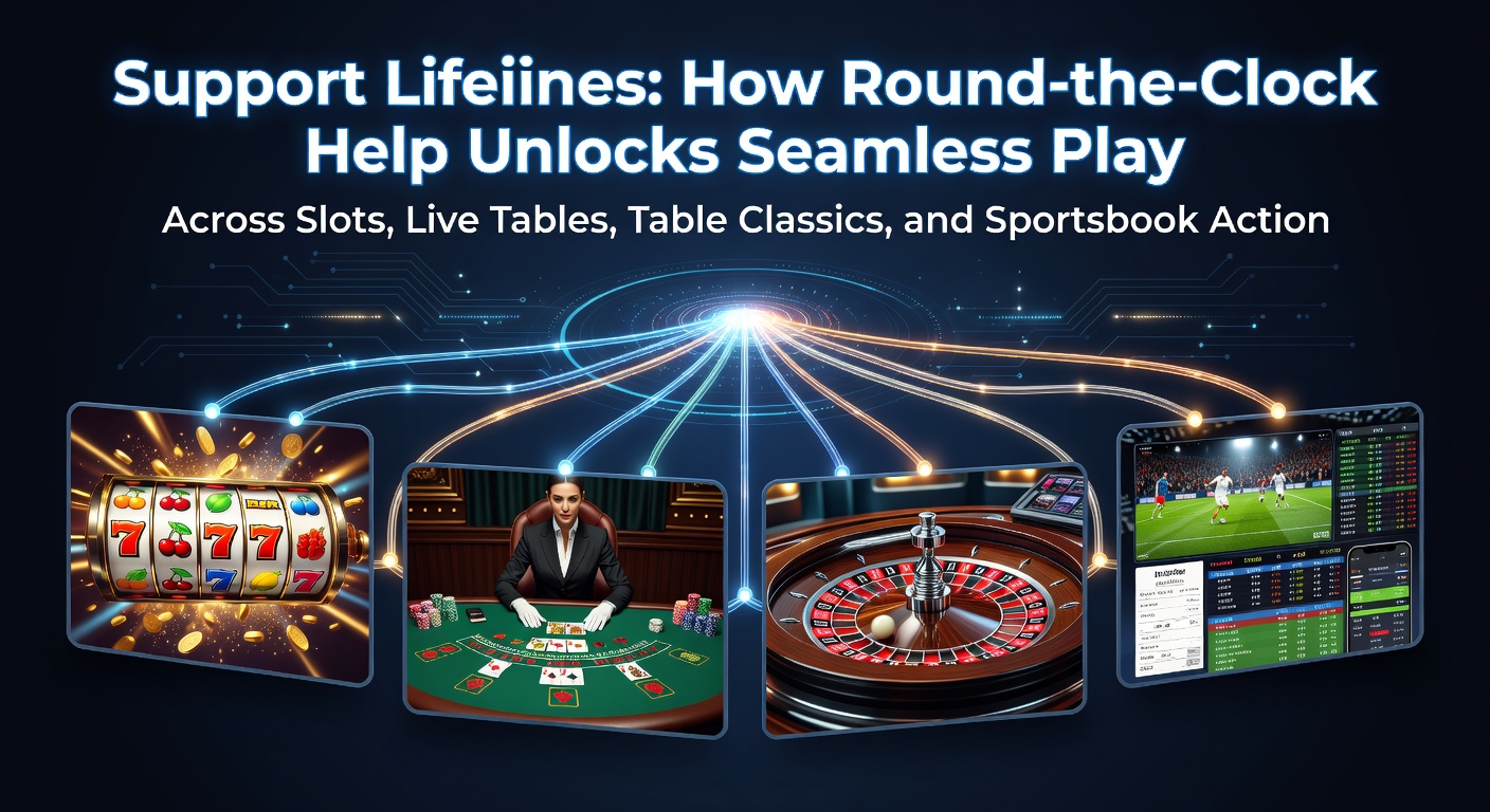 Darstellung eines 24/7-Support-Teams, das Spieler in Echtzeit bei Slots, Live-Casino und Sportwetten unterstützt, mit Chat-Icons und Uhrzeigern im Hintergrund